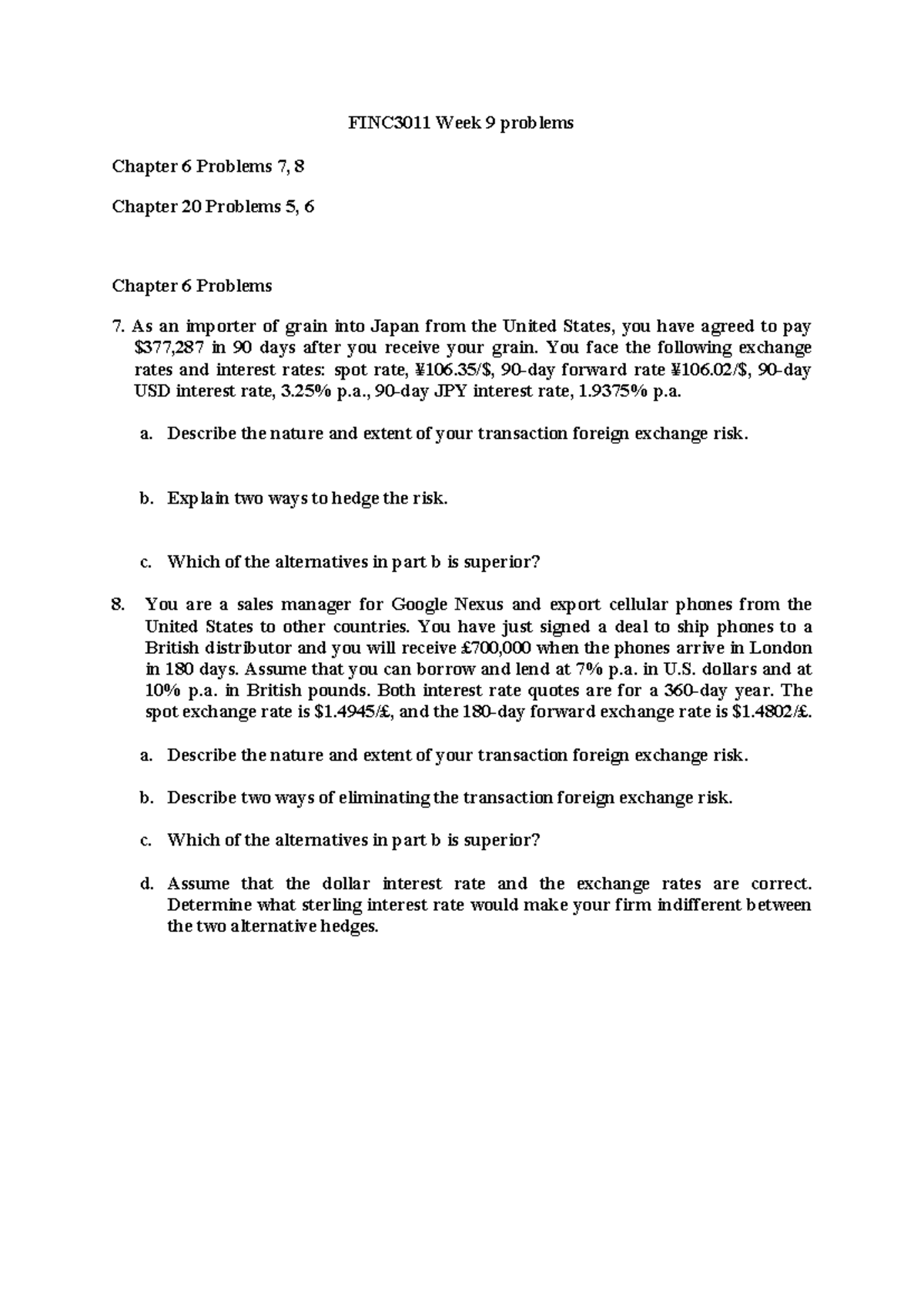 FINC3011 Week 9 Tutorial: Chapter 6 & 20 FX Risk Problems - Studocu