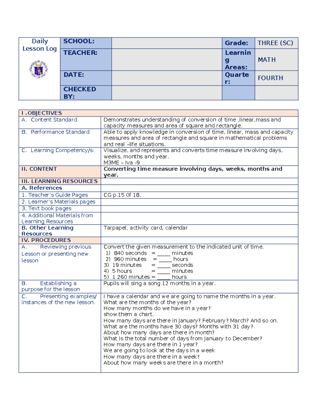 DLL MATH 3: Daily Lesson Log on Time Conversion and Measurement - Studocu