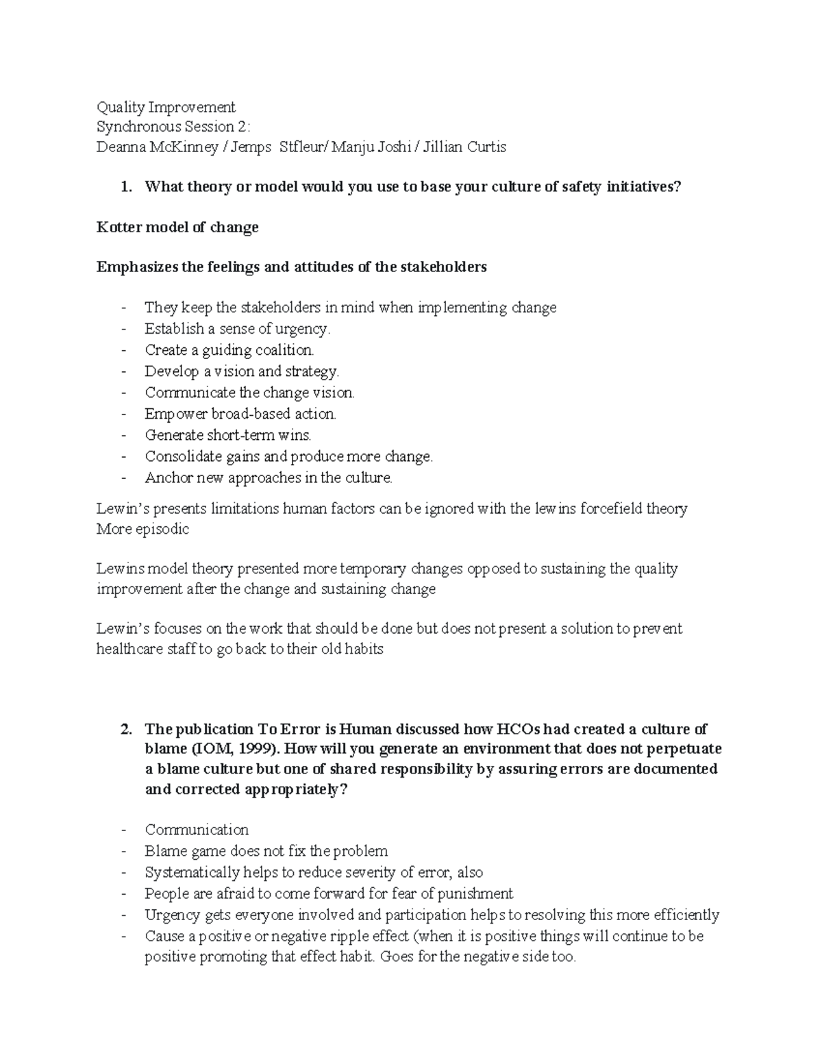 Quality Improvement - Synchronous Session 2 Notes - Studocu