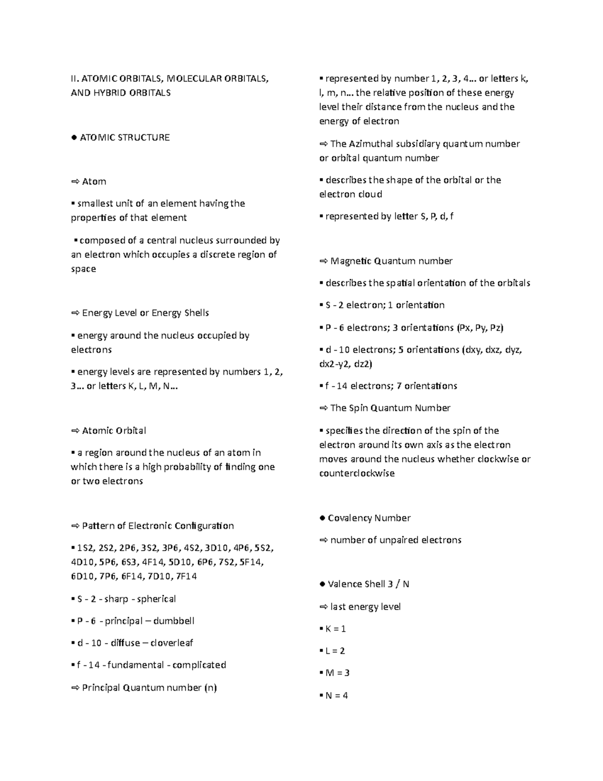 Module 1 Part 3 Summary - II. ATOMIC ORBITALS, MOLECULAR ORBITALS, AND ...