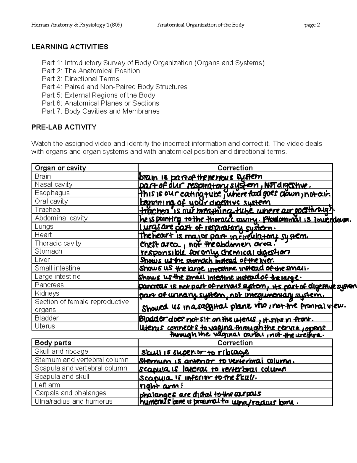 Lab 1 - Pre lab assignment number 1 - Human Anatomy & Physiology 1 (805 ...