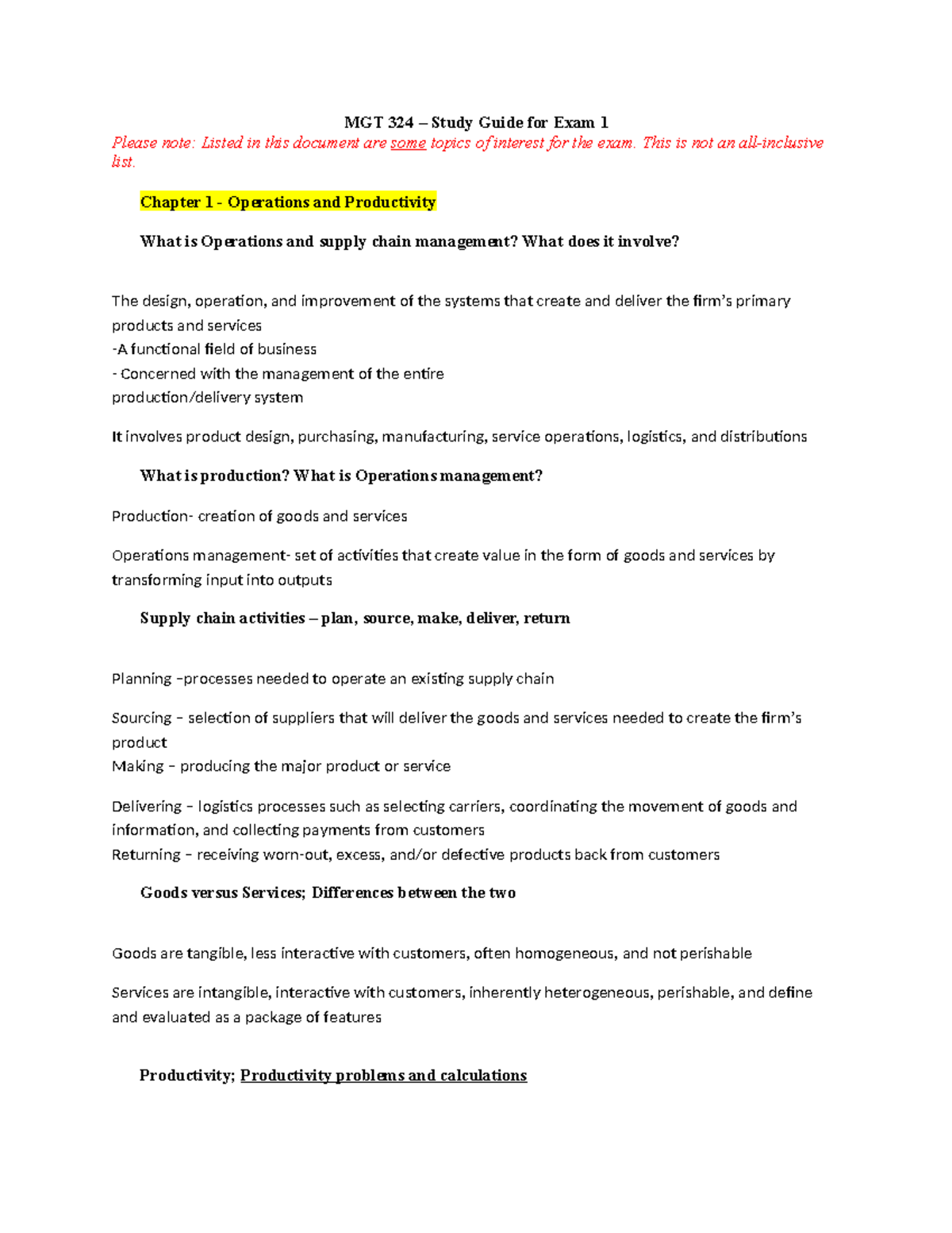 MGT 324 Study Guide: Key Topics for Exam 1 Review - Studocu