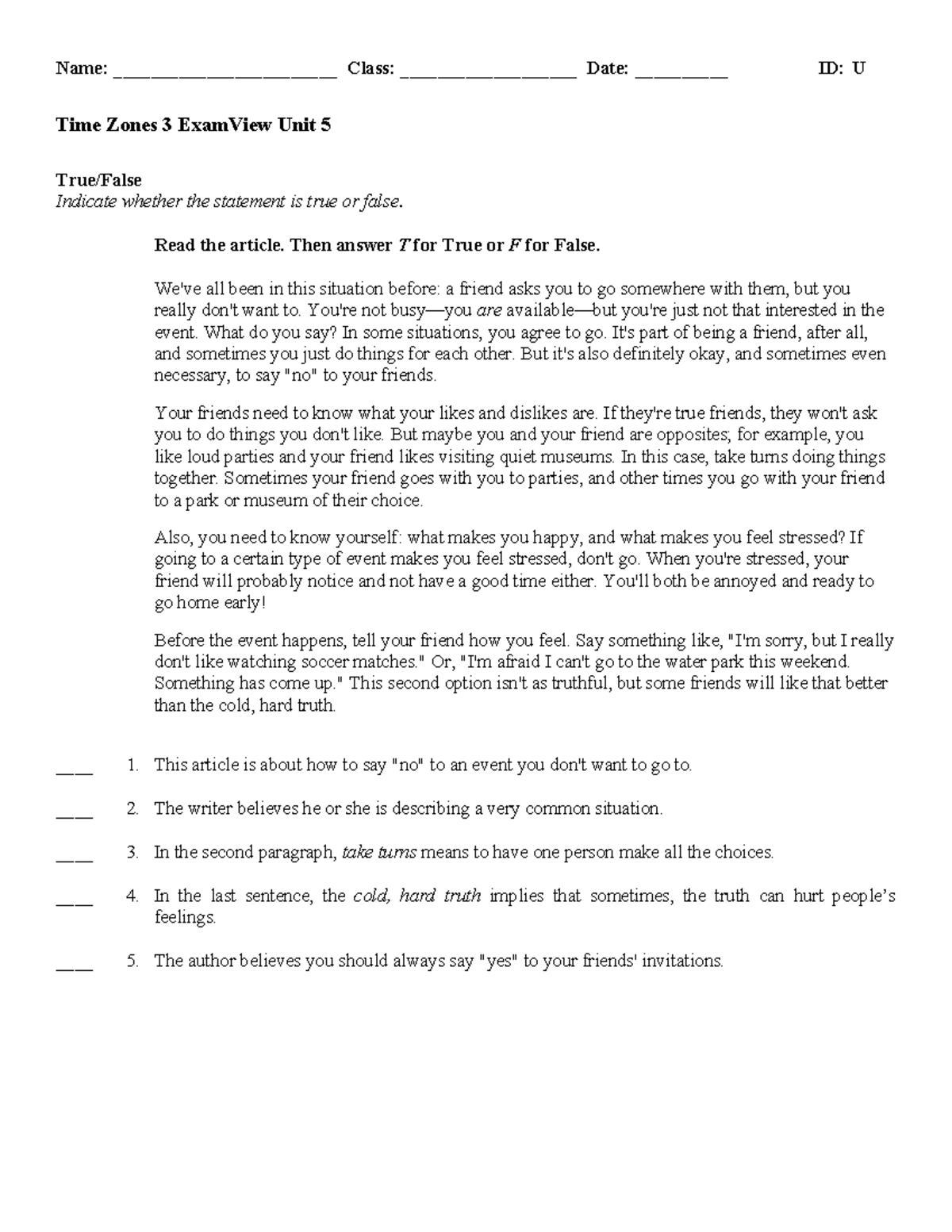 158555 TZ3e L3 Assessment Test: Unit 5 Review and Exercises - Studocu