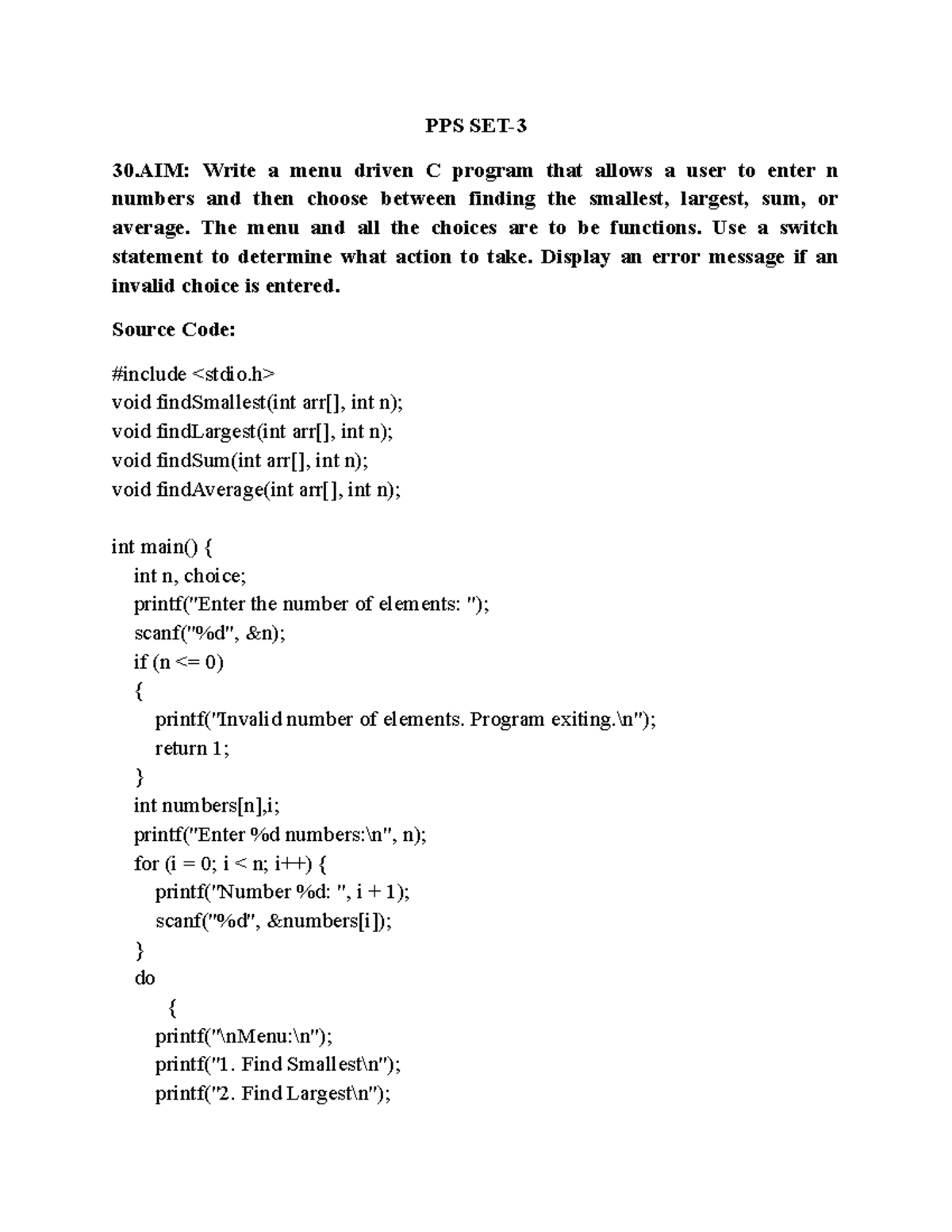 PPS SET-3 - PPS Notes - PPS SET- 30: Write a menu driven C program that ...