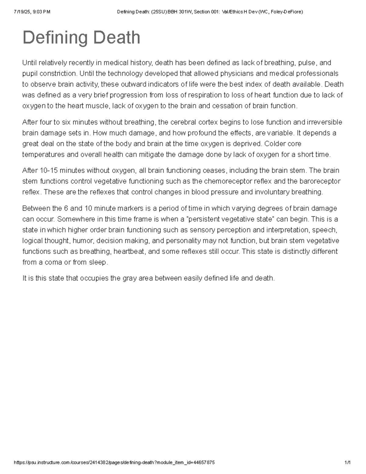 Defining Death: Insights from BBH 301W, Section 001 - Studocu