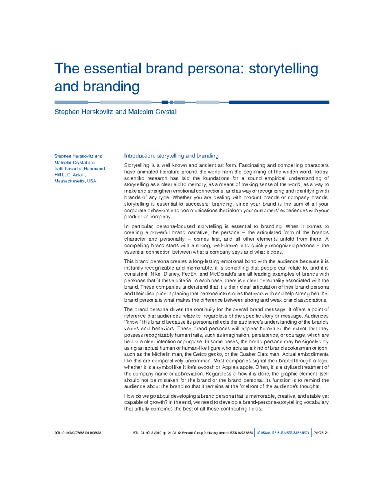 The Essential Brand Persona: Storytelling in Branding (BUS 101) - Studocu