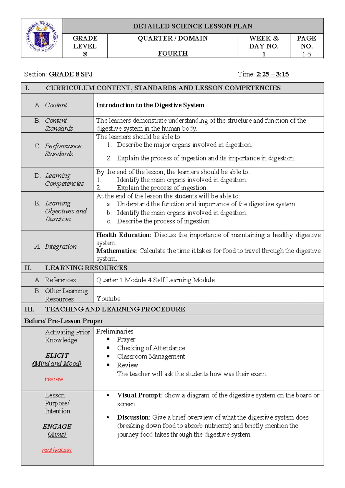 Digestive System Lesson Plan - Grade 8 Curriculum Overview - Studocu