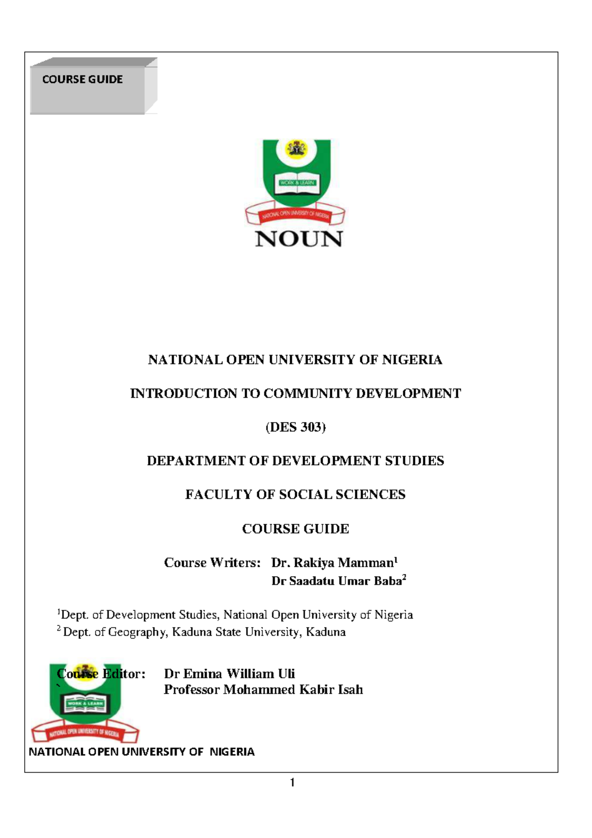 DES 303: Course Guide for Introduction to Community Development - Studocu