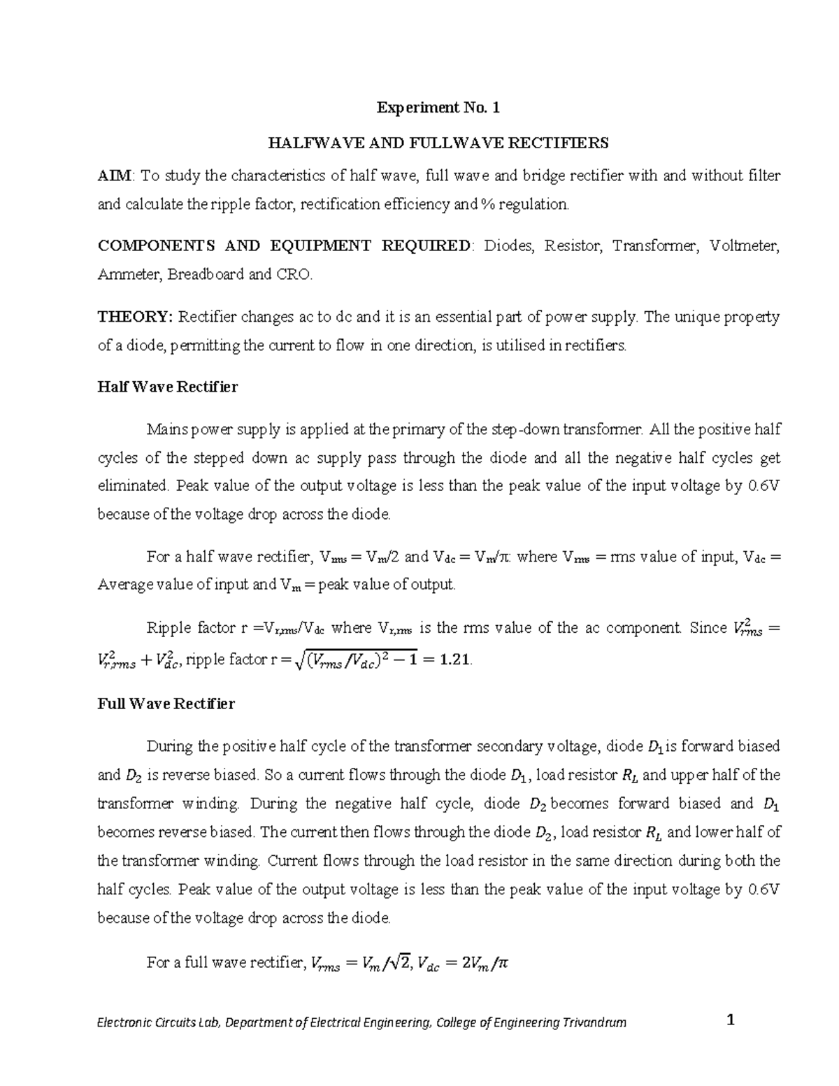Experiment No. 1: Characteristics of Halfwave & Fullwave Rectifiers ...