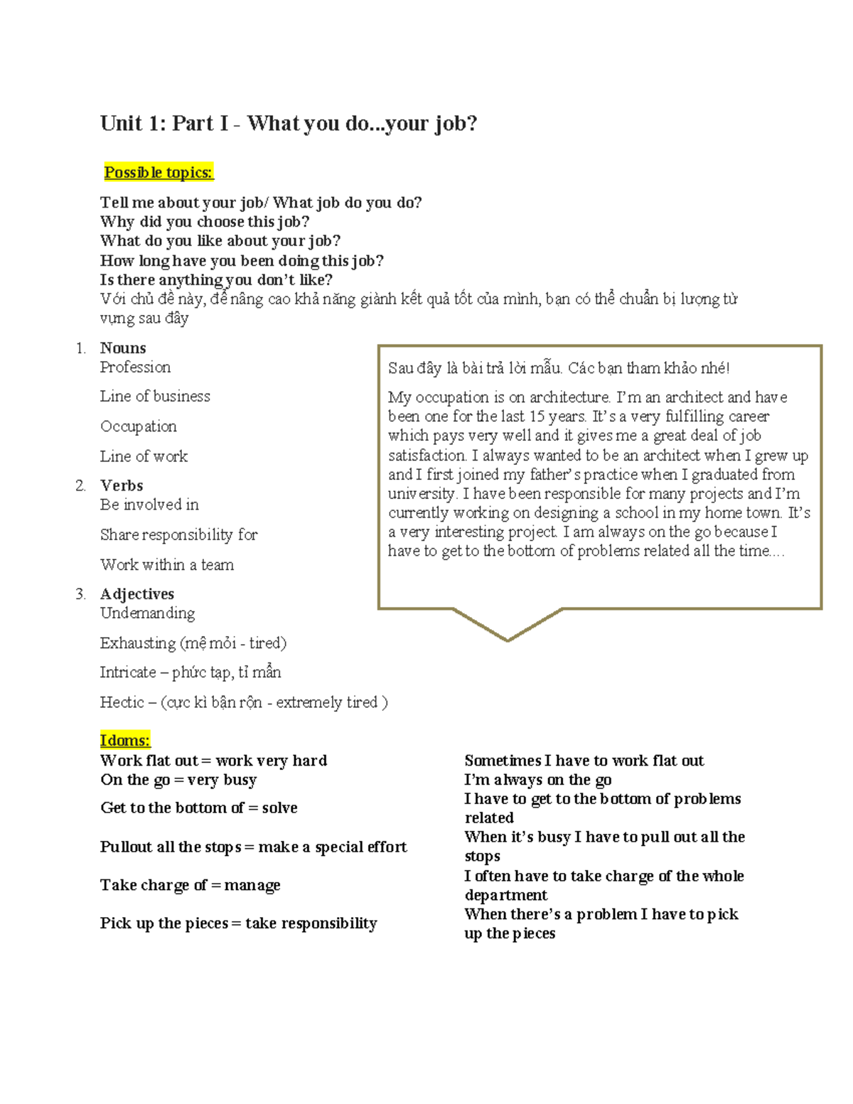 Speaking UNIT 1: Your Job and Career Insights - Studocu