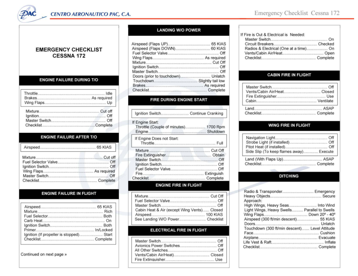 PAC 172 Emergency Checklist: Landing, Engine Failure & Fire Procedures ...
