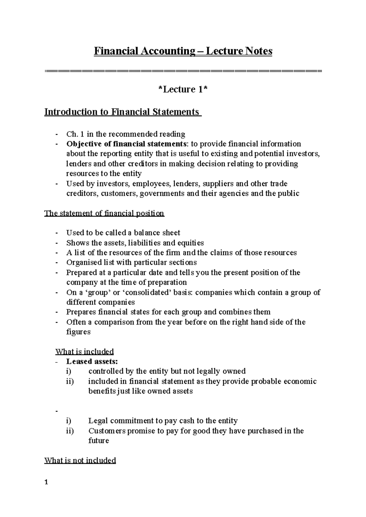Financial Accounting - Lecture Notes (Ch. 1 & 4 Overview) - Studocu