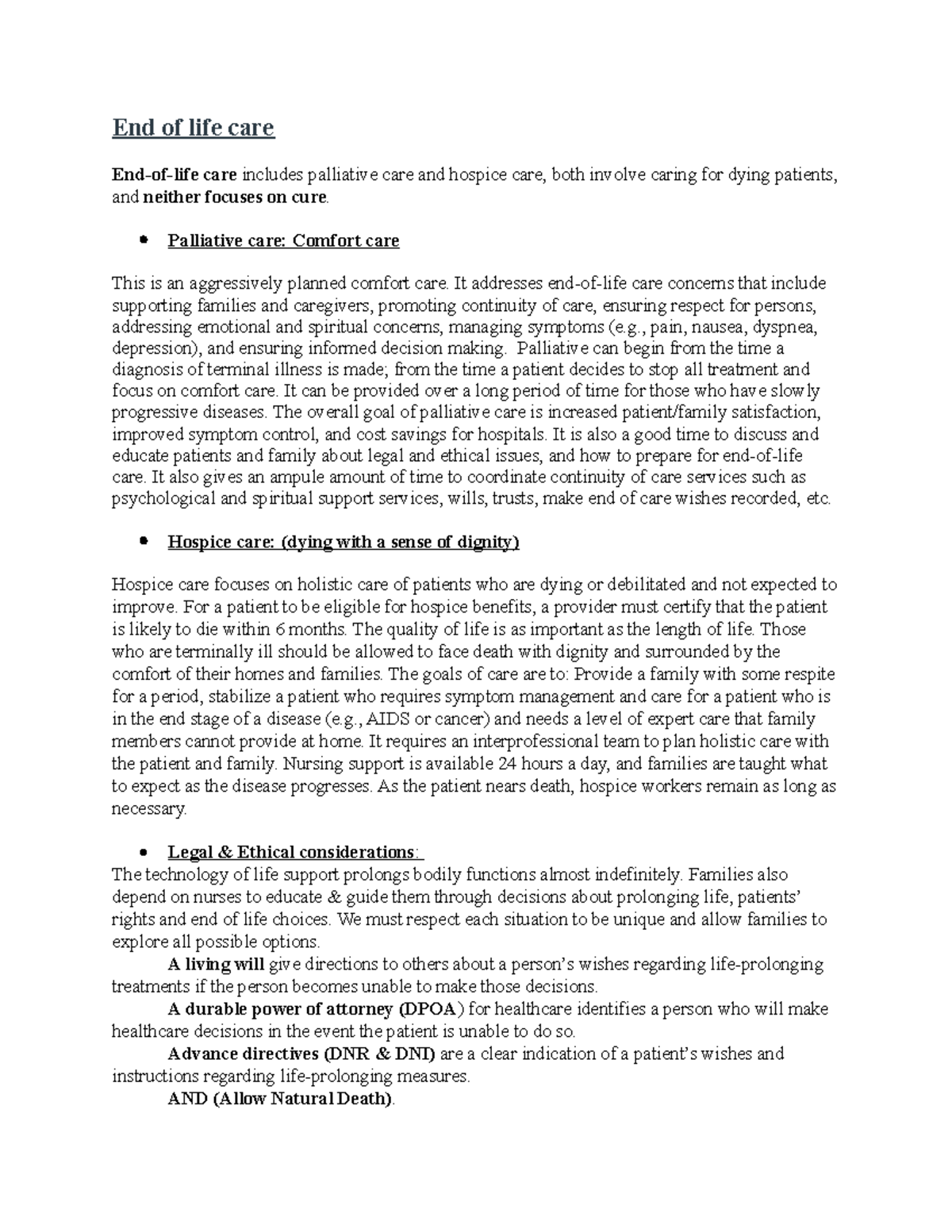 215 Final Exam Notes: End of Life Care, Palliative & Hospice Care - Studocu