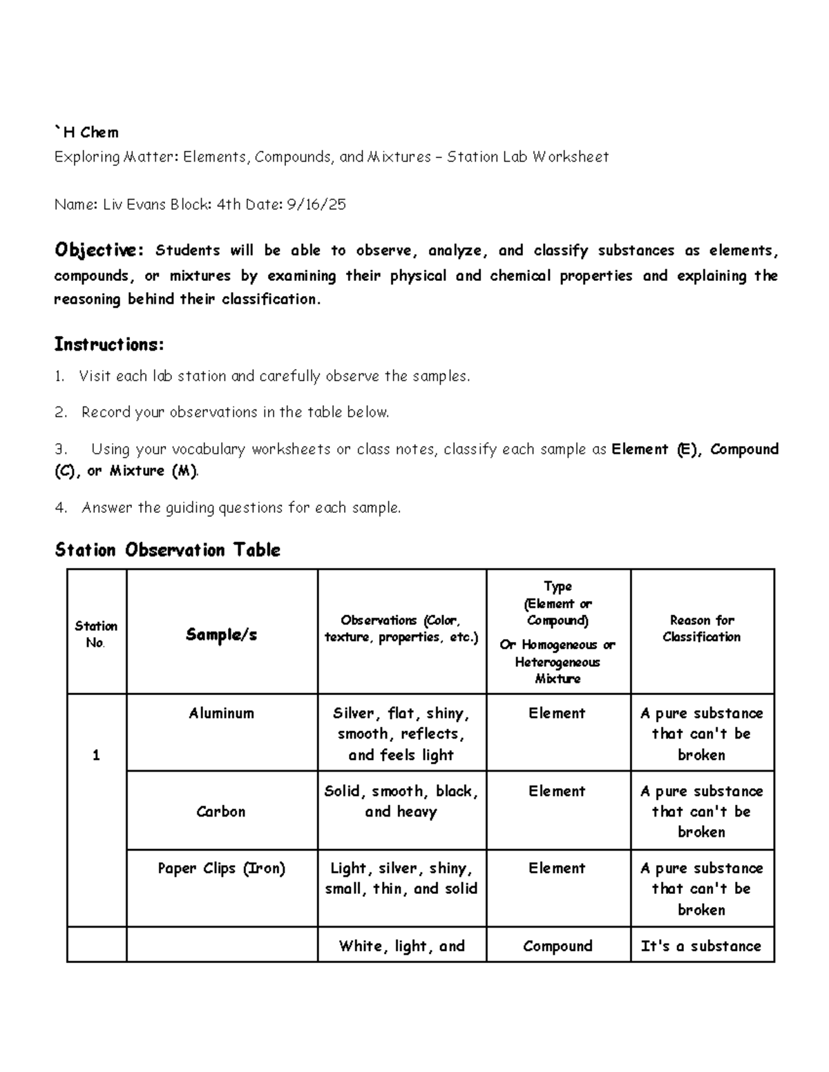 Chem 101 Lab Worksheet: Elements, Compounds, & Mixtures Analysis - Studocu