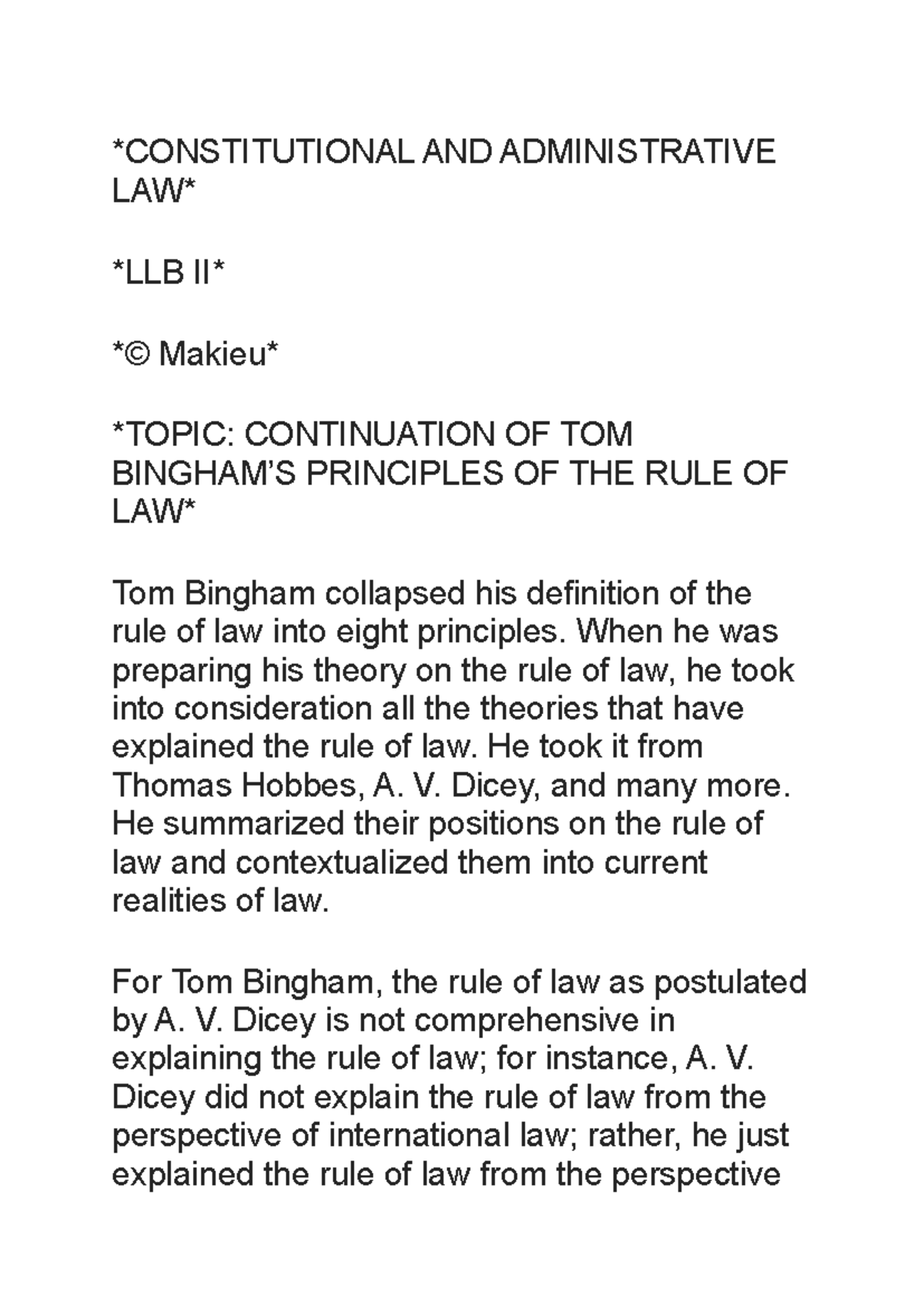 Constitutional Law Lectures: Tom Bingham's Rule of Law Principles - Studocu