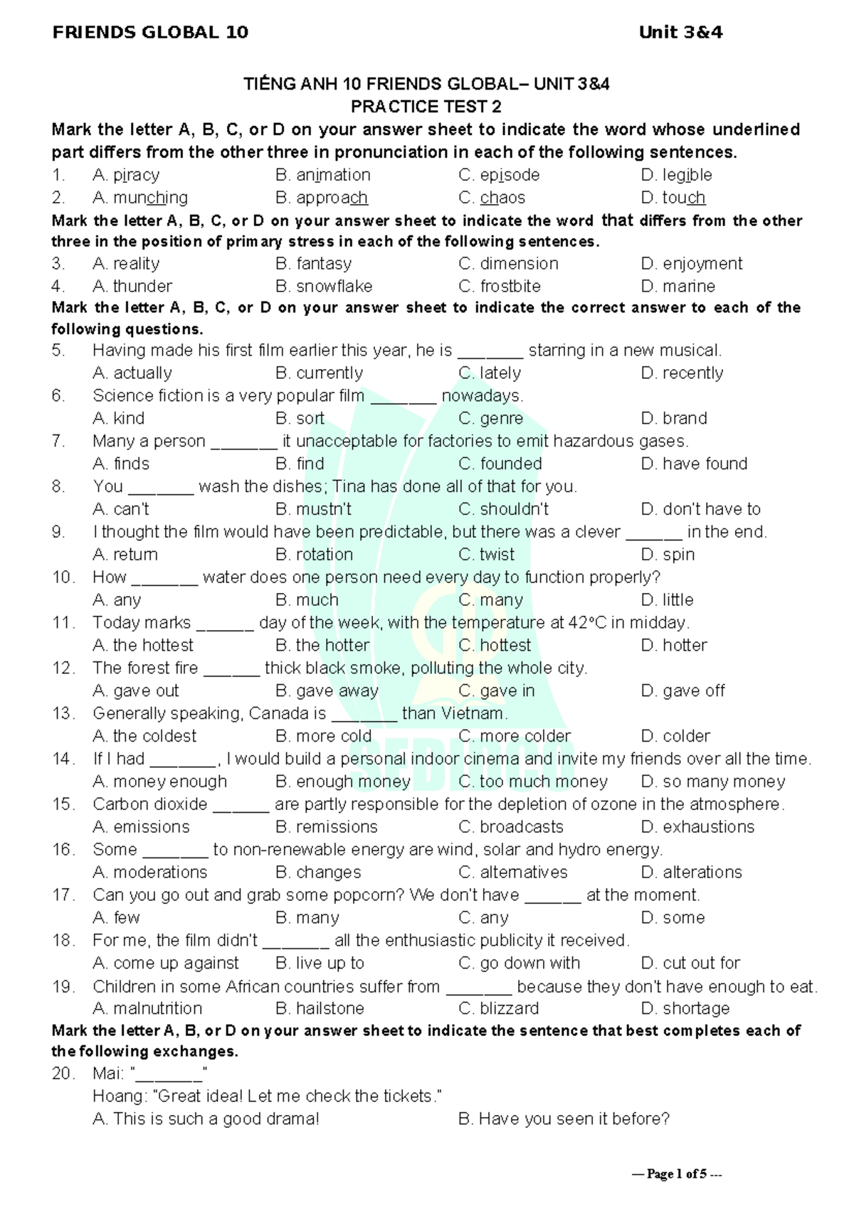 Tieng Anh 10 Friends Global - Unit 3&4 - Test 2 - TIẾNG ANH 10 FRIENDS ...