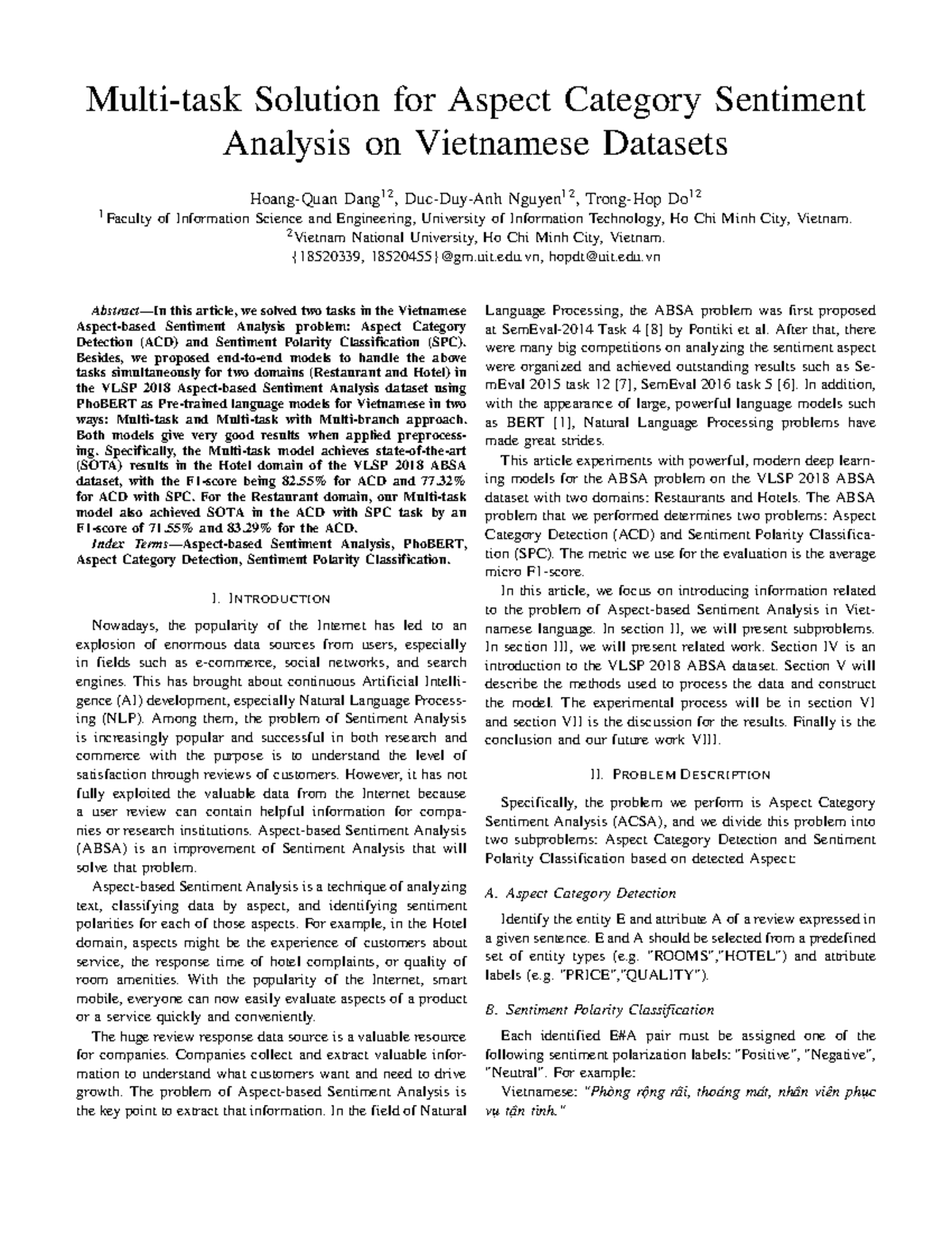 Aspect Category Sentiment Analysis on Vietnamese Datasets (VLSP 2018 ...