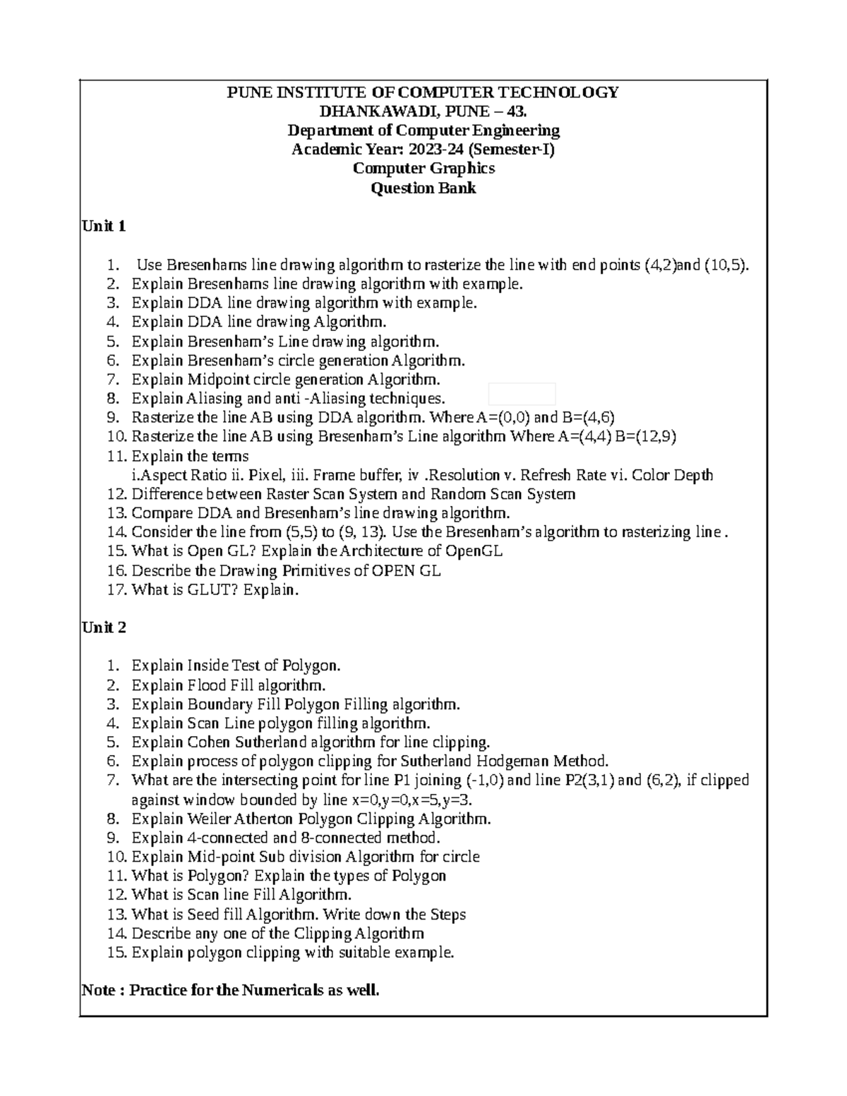 CG 2023-24 Unit Test Question Bank for Computer Graphics - Studocu