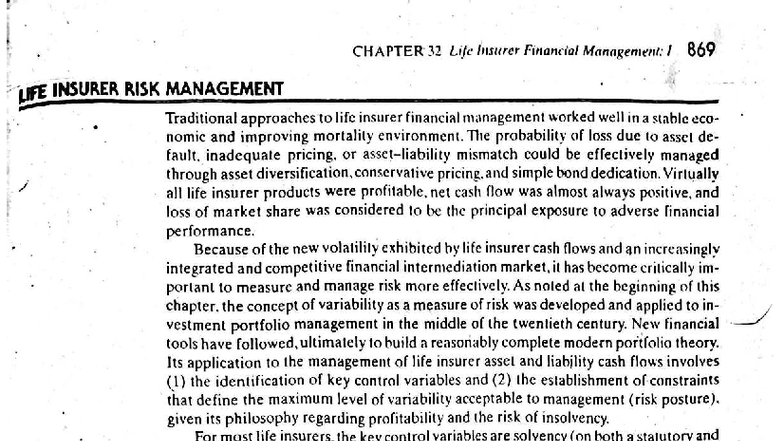 CHAPTER 32 Life Insurer Financial Management: I 869 Risk Management ...