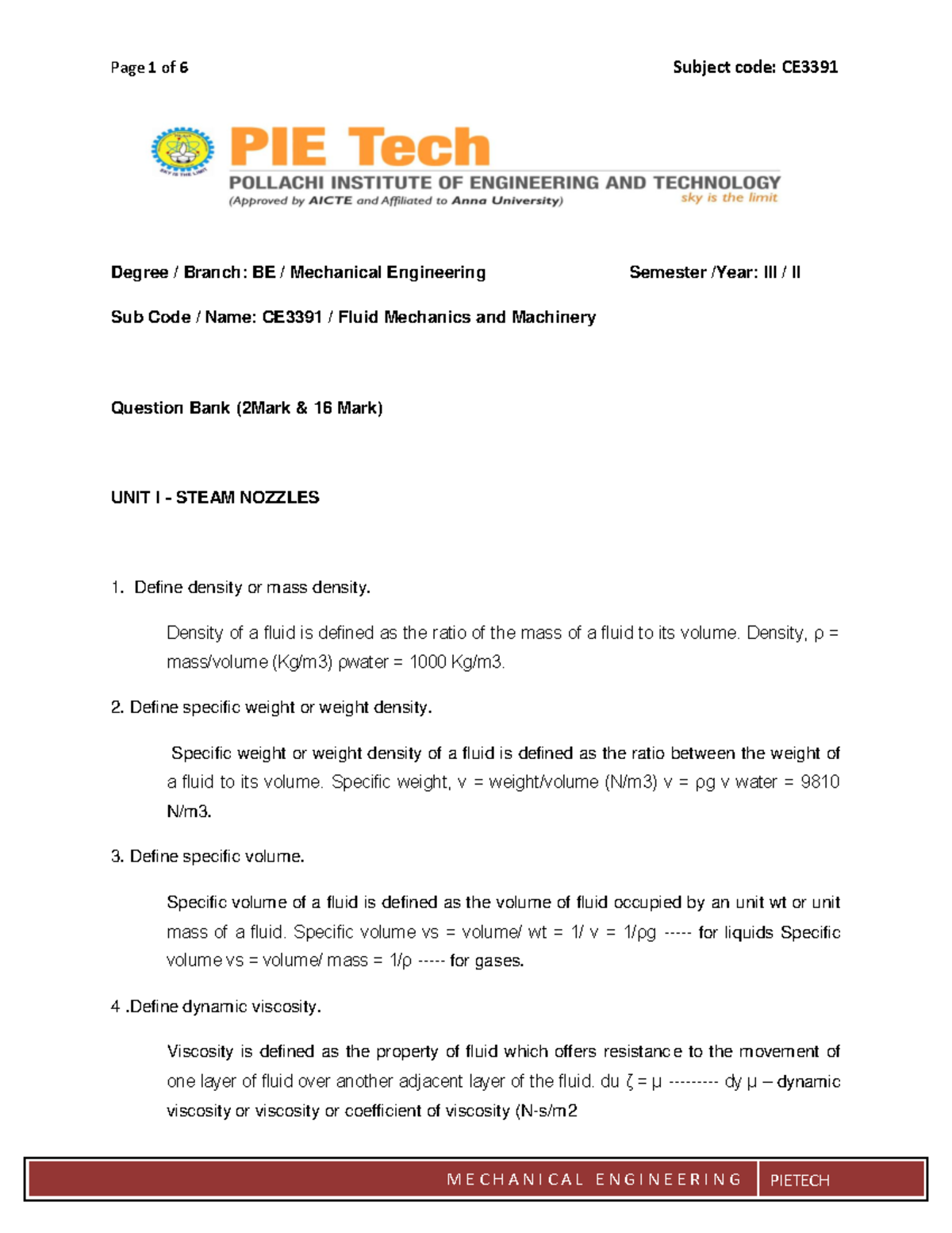 CE 3391 - Fluid Mechanics & Machinery - Question Bank for Midterm Exam ...