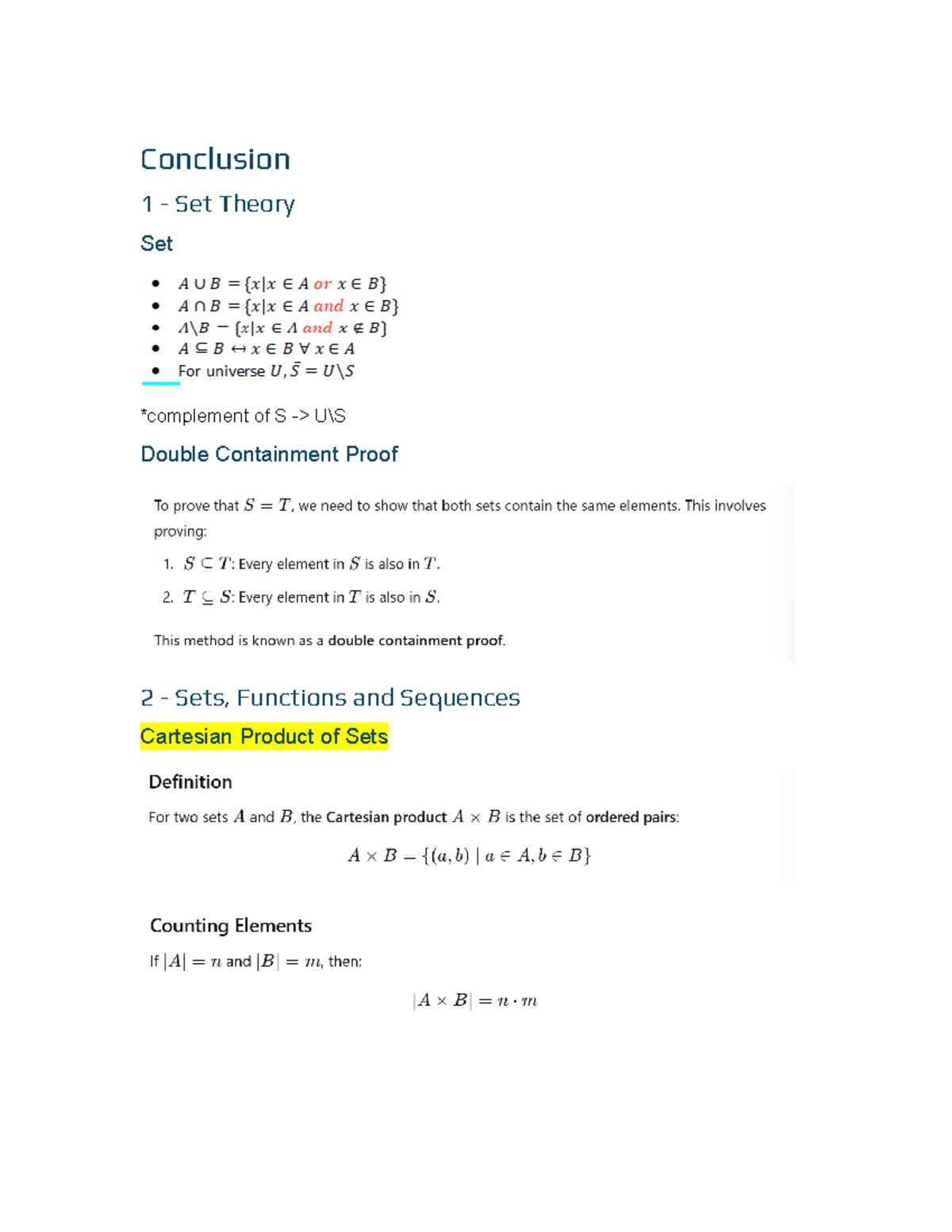 MATH1064 Conclusion（1） - Conclusion 1 - Set Theory Set *complement of S ...