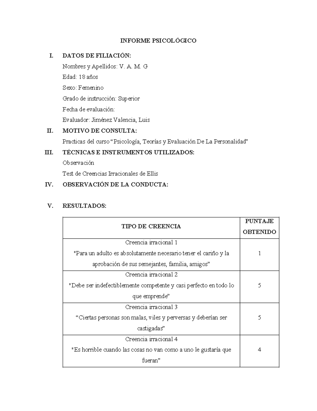 Informe Psicológico I: Evaluación de Creencias Irracionales y Resultados - Document Preview