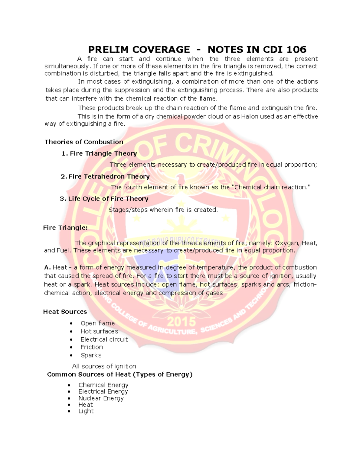 CDI 106 Prelim Coverage Notes: Fire Triangle & Combustion Theories ...