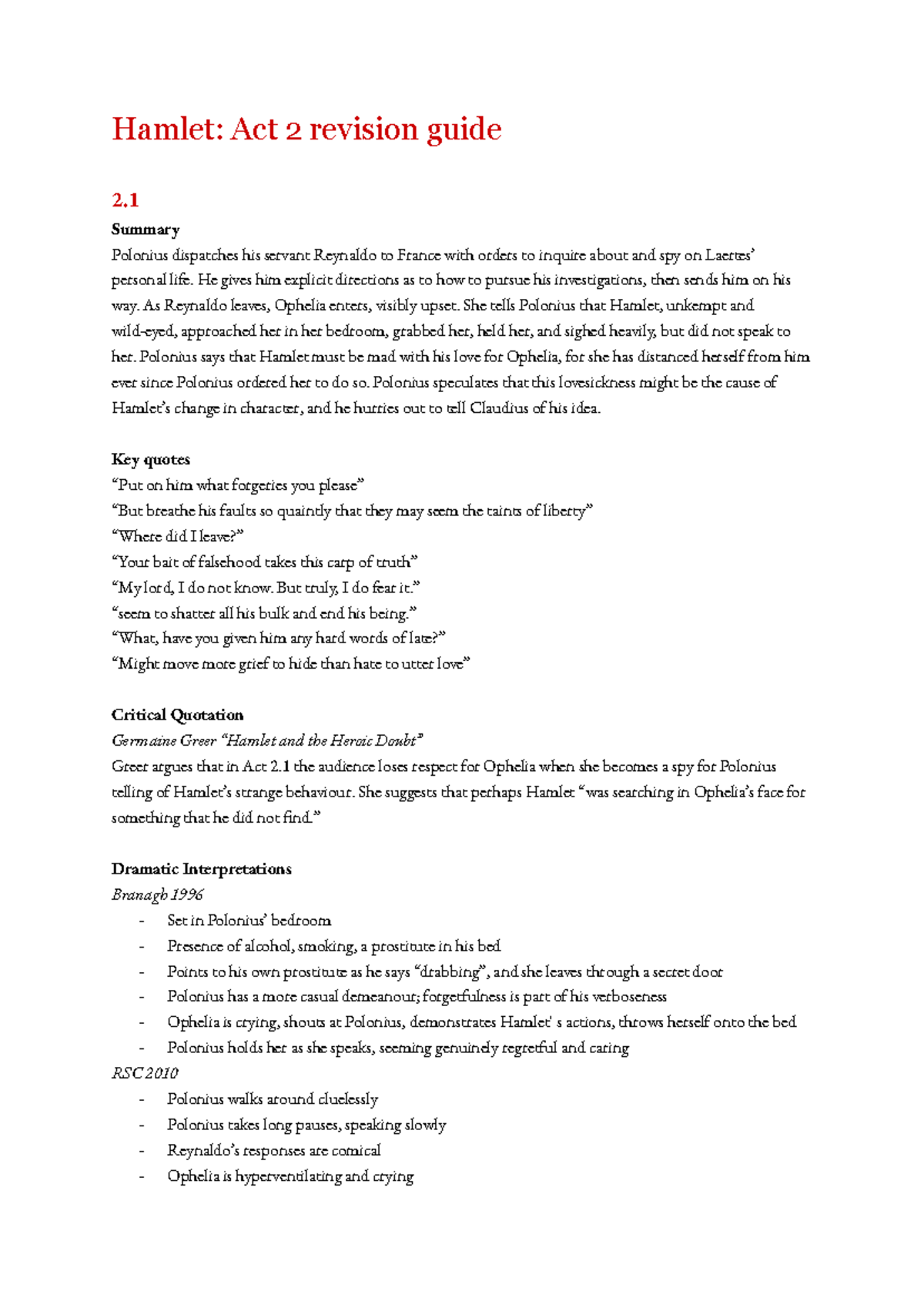 Hamlet: Act 2 Summary & Analysis Guide - Studocu