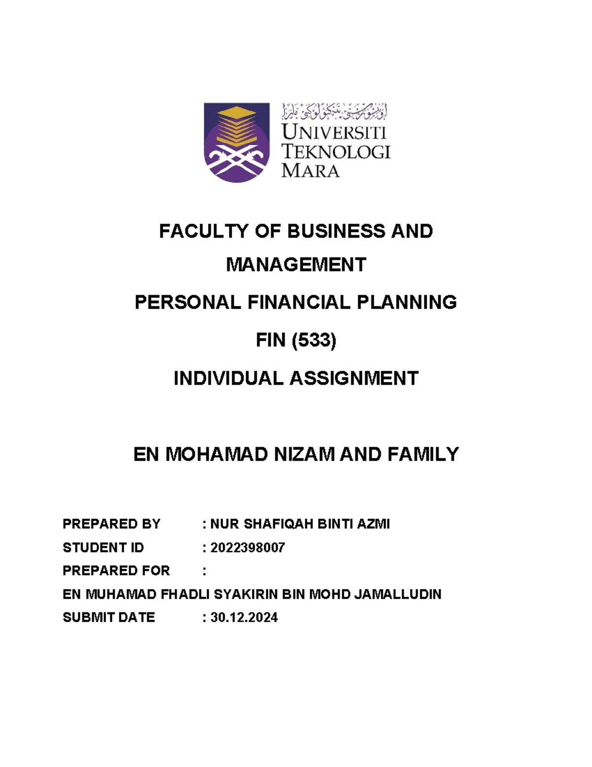 FIN533 - Assigment Individual - FACULTY OF BUSINESS AND MANAGEMENT ...