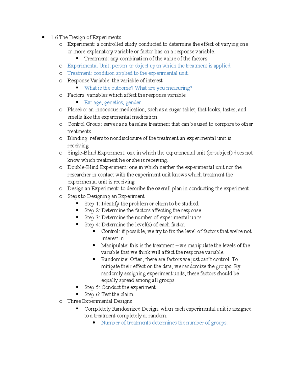 MAT 120: Lecture Notes on The Design of Experiments (1.6) - Studocu