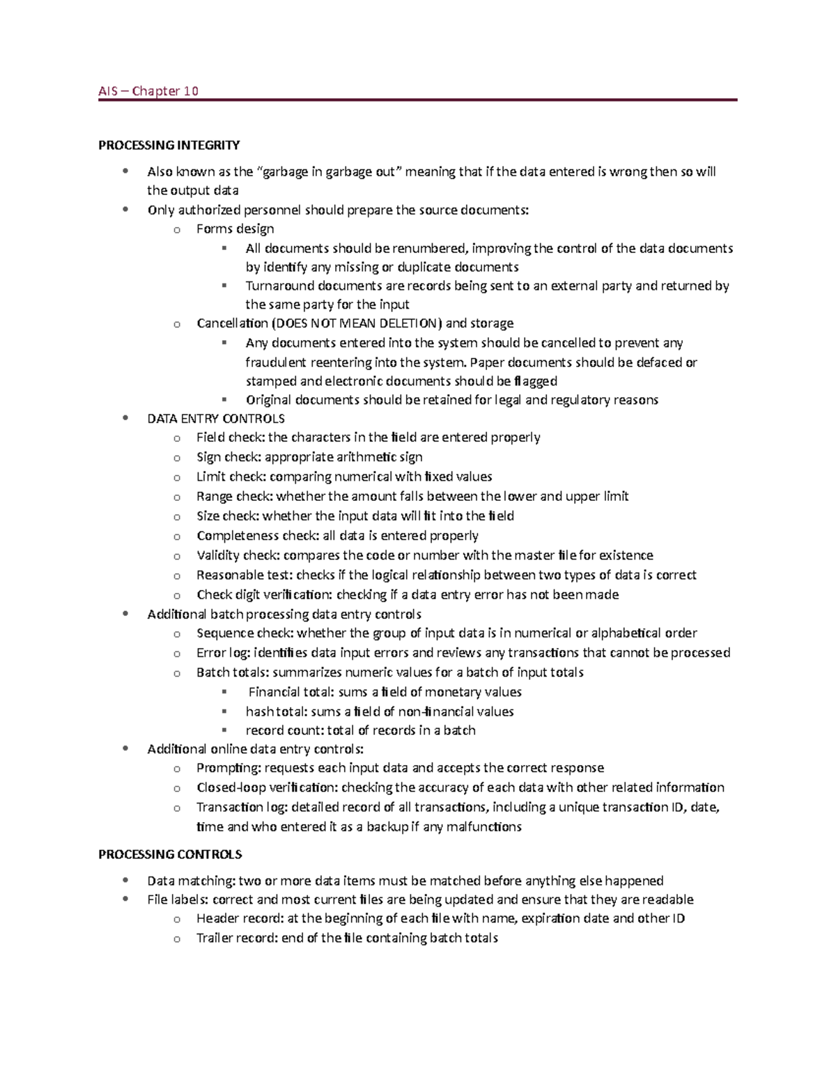 AIS Chapter 10: Processing Integrity & Data Entry Controls Summary ...