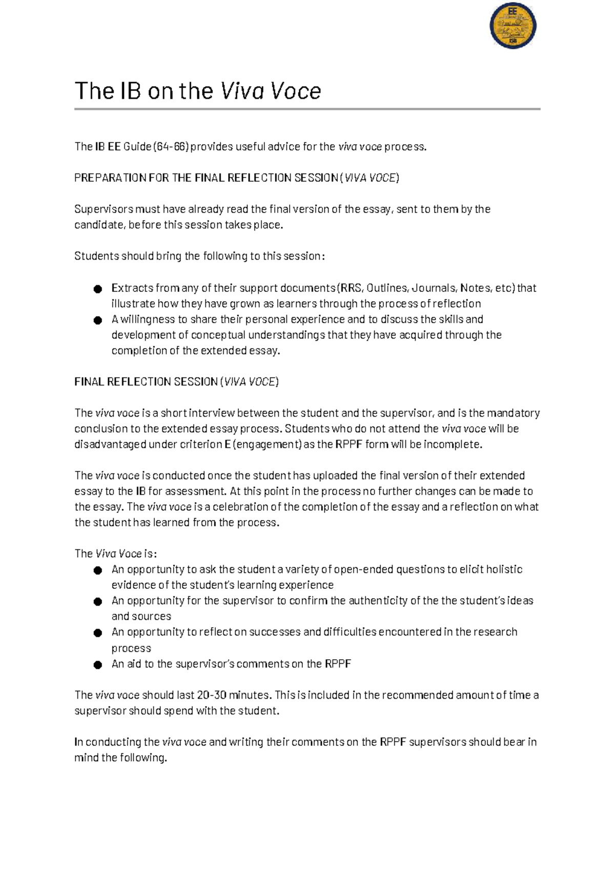 The IB EE Guide: Preparing for the Viva Voce Session - Studocu