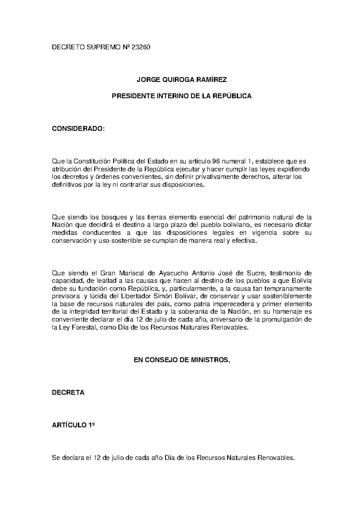 DS 23260 SDFGSDFSD - DECRETO SUPREMO Nº 23260 JORGE QUIROGA RAMÍREZ ...