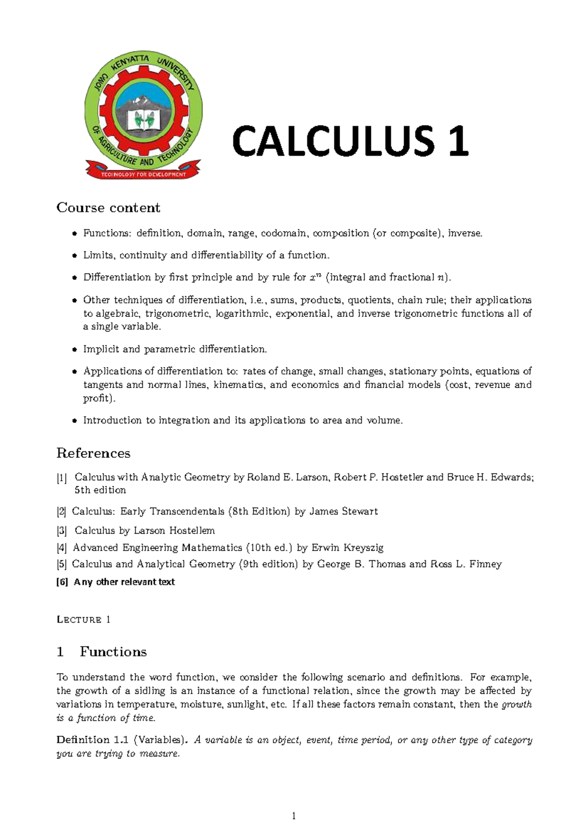SMA 2101: Calculus I - Lecture 1 Notes on Functions and Differentiation ...