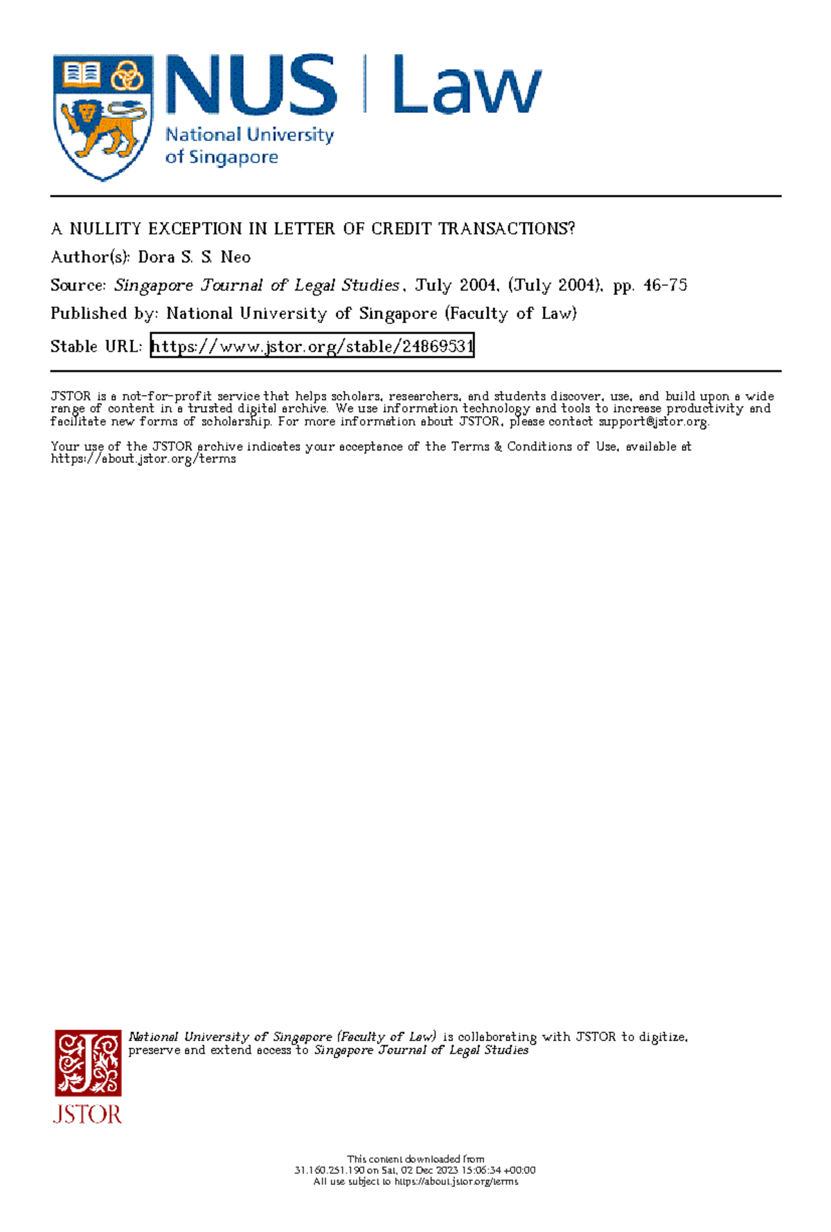 NULLITY EXCEPTION IN LETTER OF CREDIT TRANS. - Neo, 2004 - Studeersnel