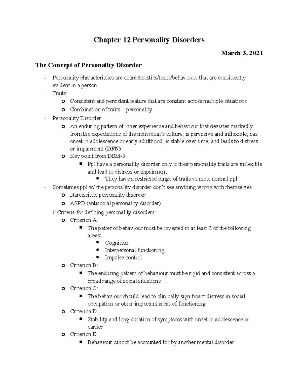 Chapter 12 Personality Disorders - Chapter 12 Personality Disorders ...