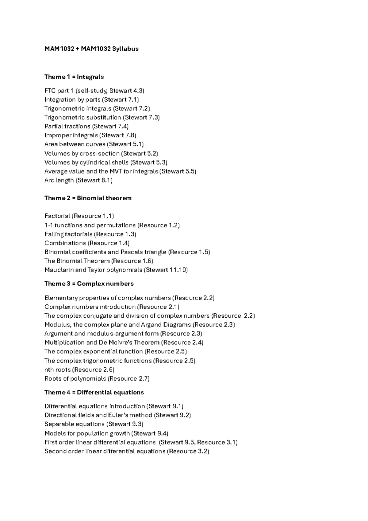 MAM1032 Syllabus: Integrals, Complex Numbers & Differential Equations ...