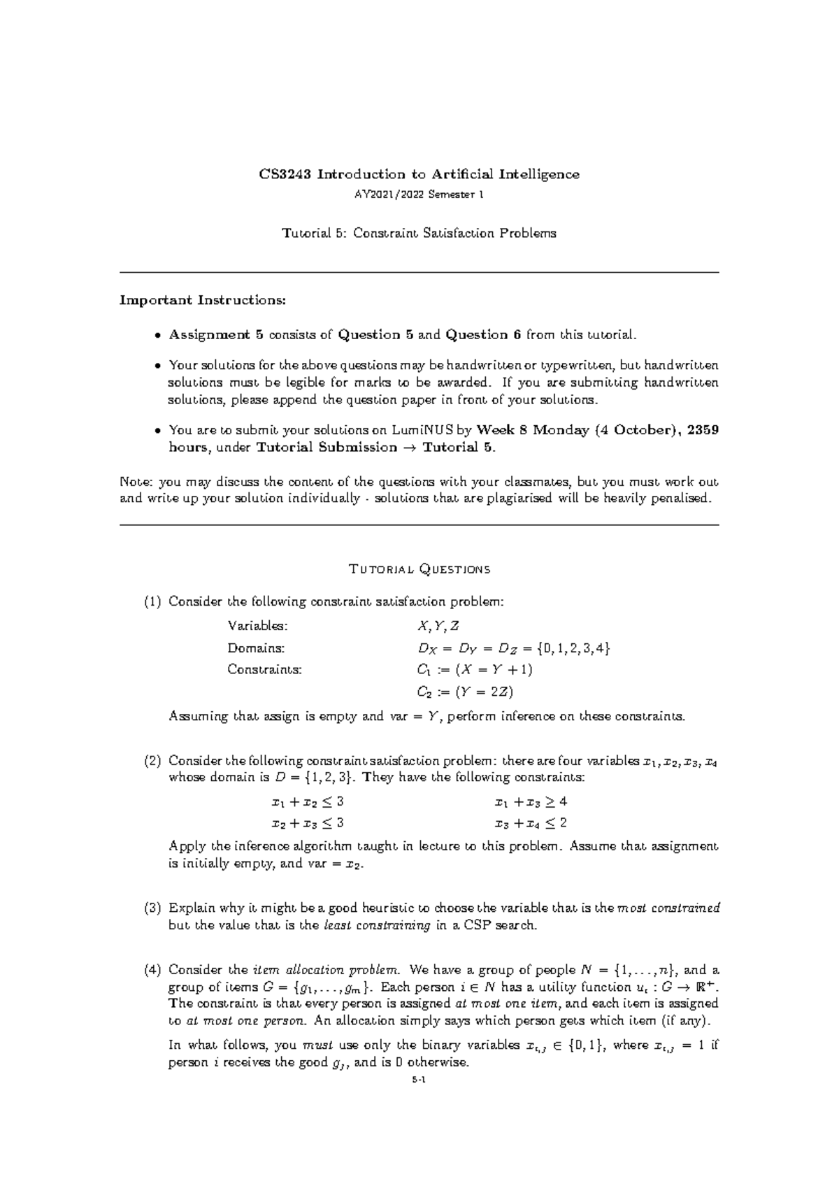 Tutorial 5: Constraint Satisfaction Problems - CS3243 AI - Studocu