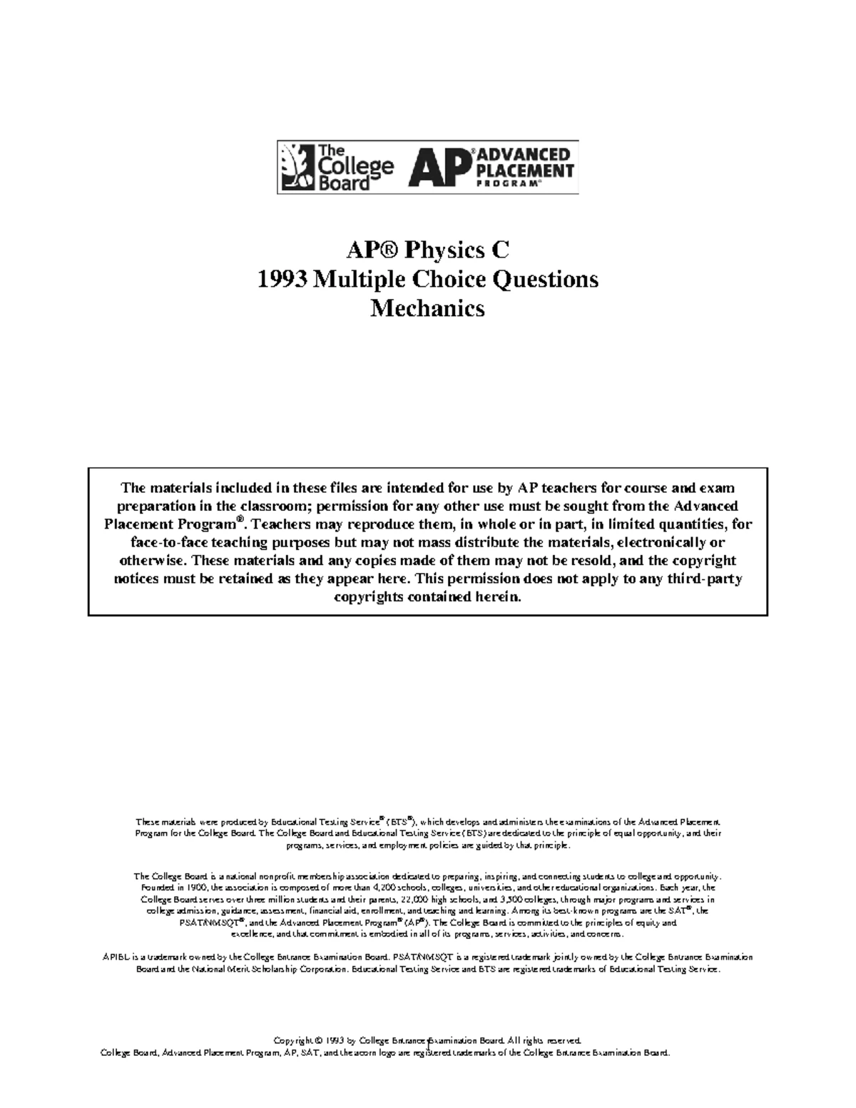 AP Physics C Mechanics Final Exam Multiple Choice Qs 1984 - Studocu