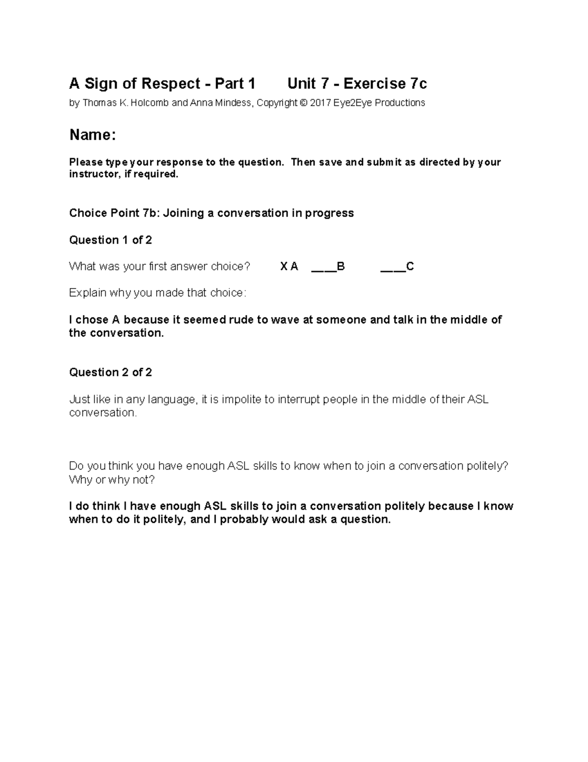 A Sign of Respect 7c - ASL Exercise Assignment - Studocu