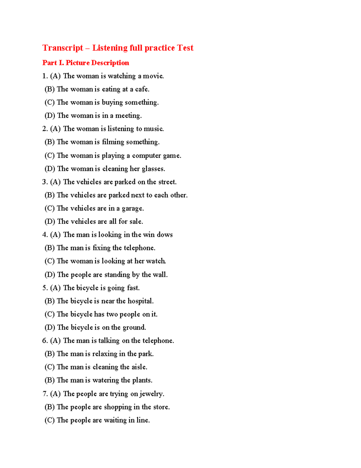 Toeic Listening Practice Test: Full Transcript Starter Exam - Studocu