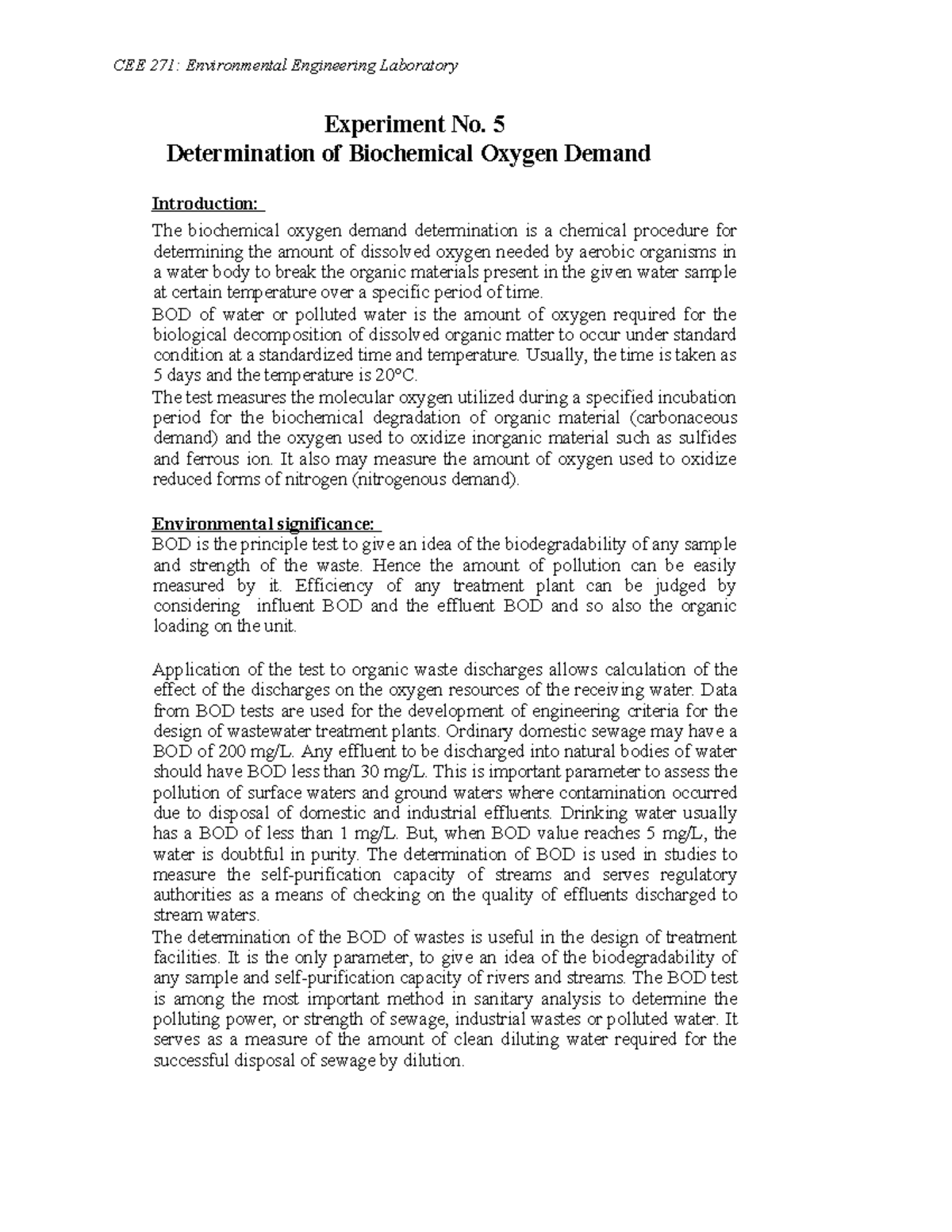 CEE 271: Lab Experiment 5 - Biochemical Oxygen Demand Analysis - Studocu
