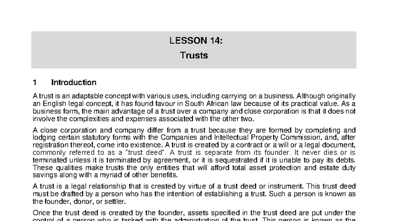 MRL2601 Lesson 14: Understanding Trusts in South African Law - Studocu