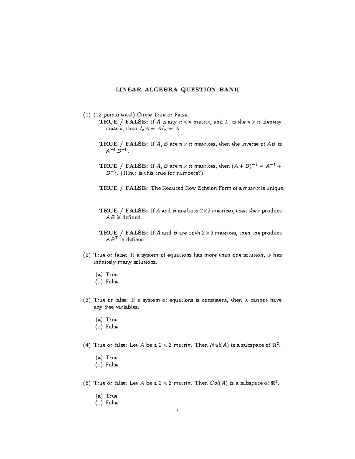Linear Algebra Review: True/False Questions and Solutions for MCTF 2023 ...