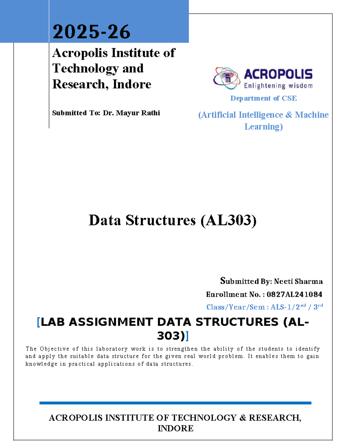 Data Structures Lab Manual (AL303) - July-Dec 2025 - Studocu
