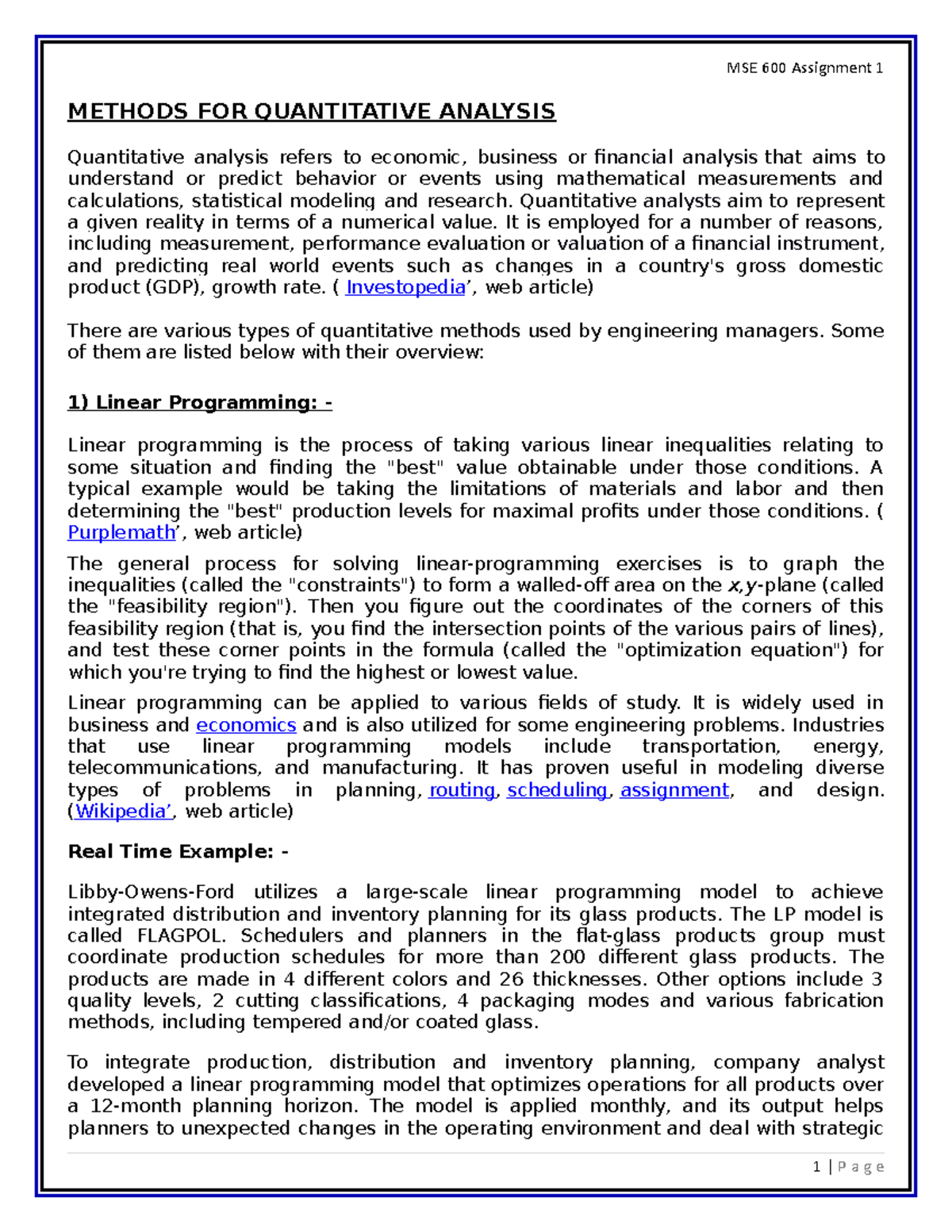 DAVE DEEP Assignment #1: Methods of Quantitative Analysis in Business ...