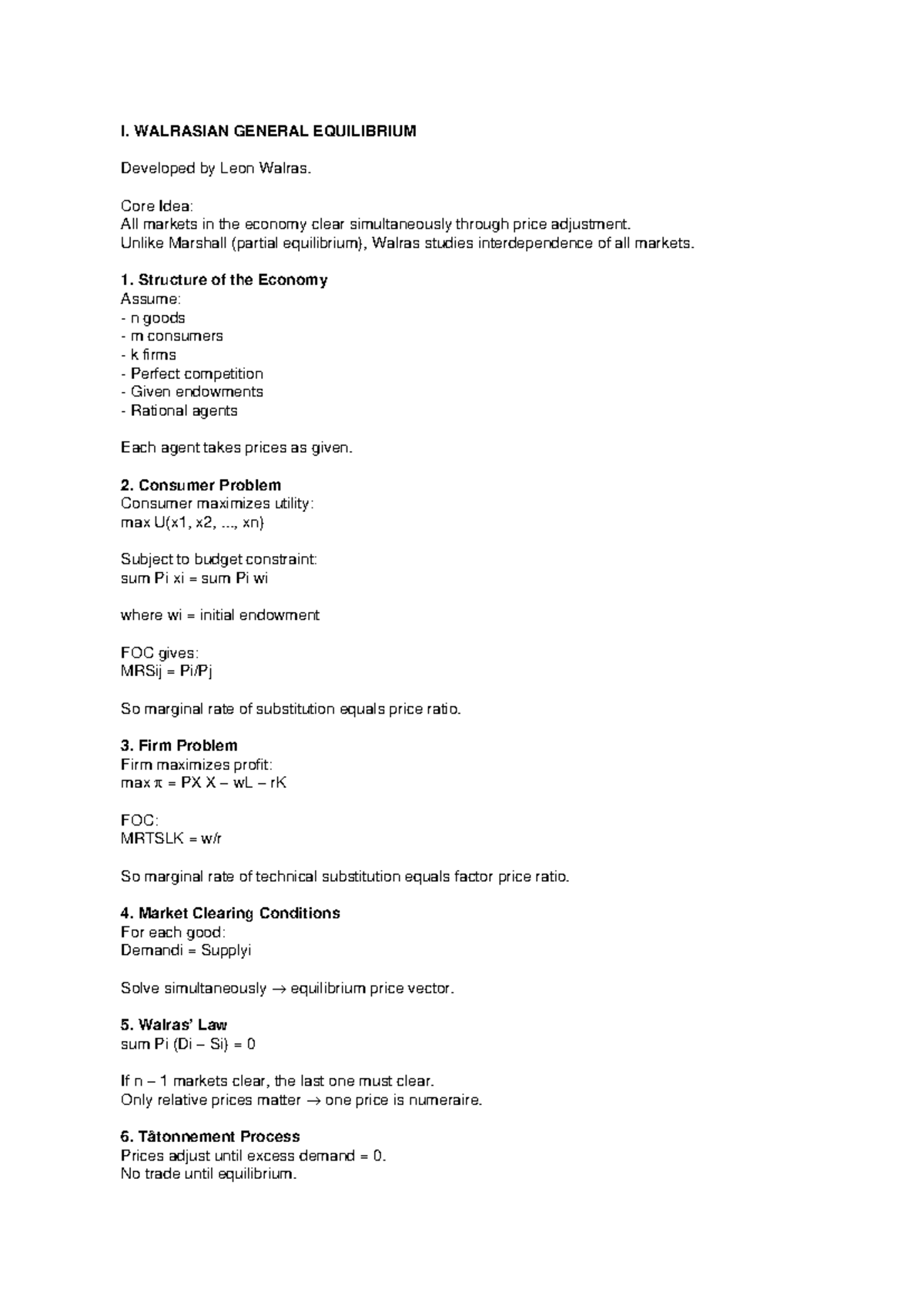 Walrasian General Equilibrium (ECO 101) Detailed Study Notes - Studocu