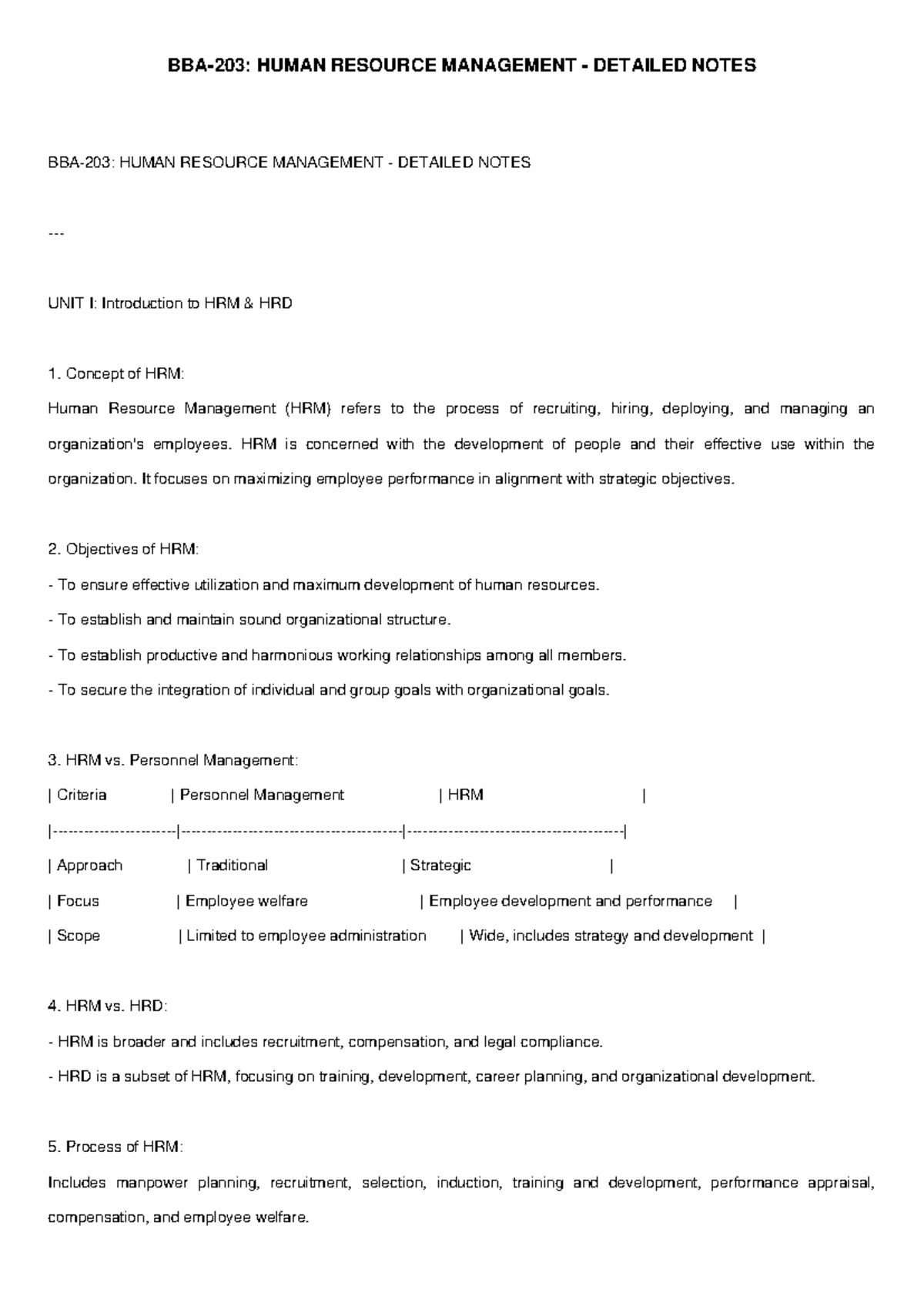 BBA203 HRM Detailed Notes: Comprehensive Overview of Human Resource ...
