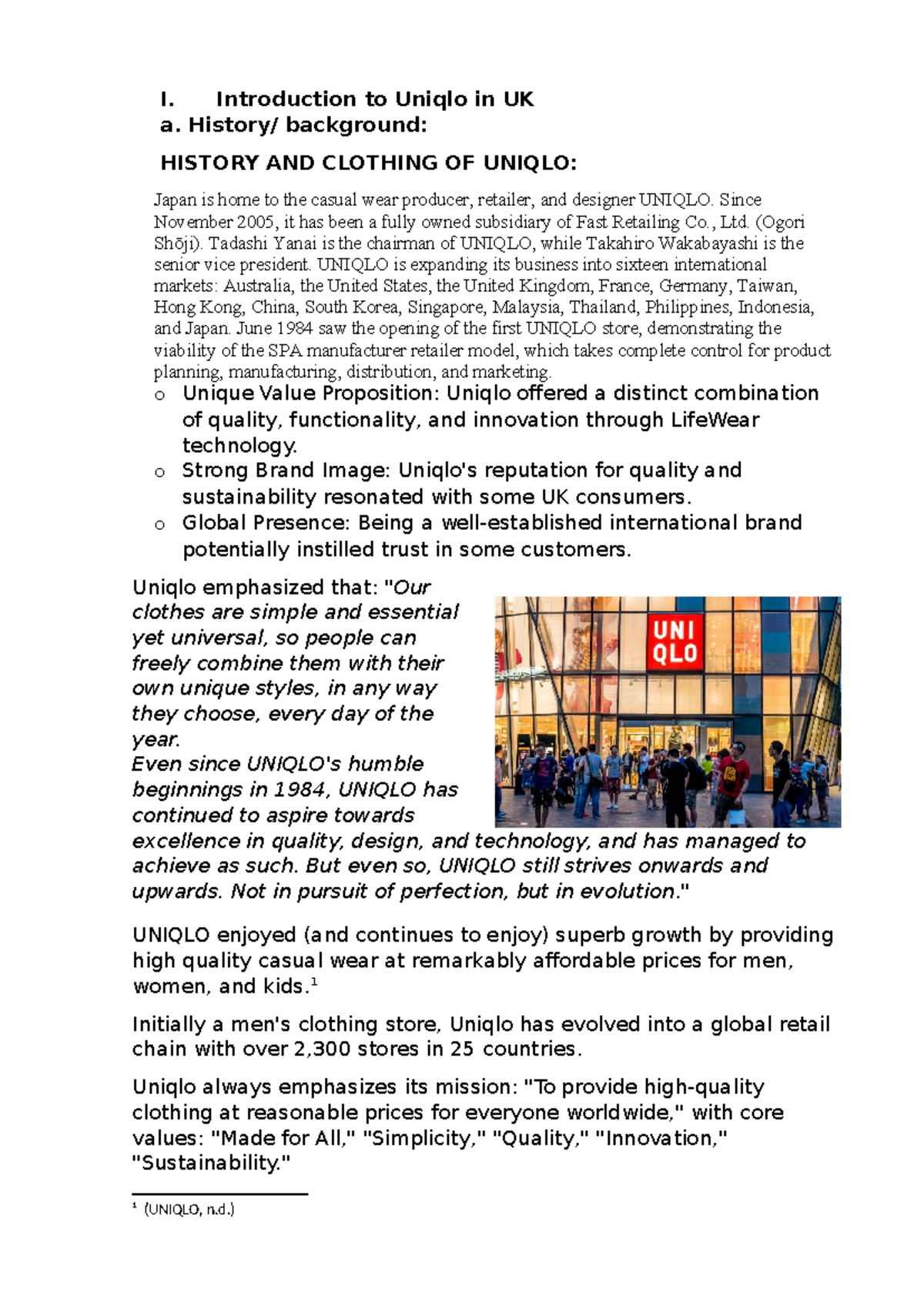 Introduction to Uniqlo in UK - I. Introduction to Uniqlo in UK a ...