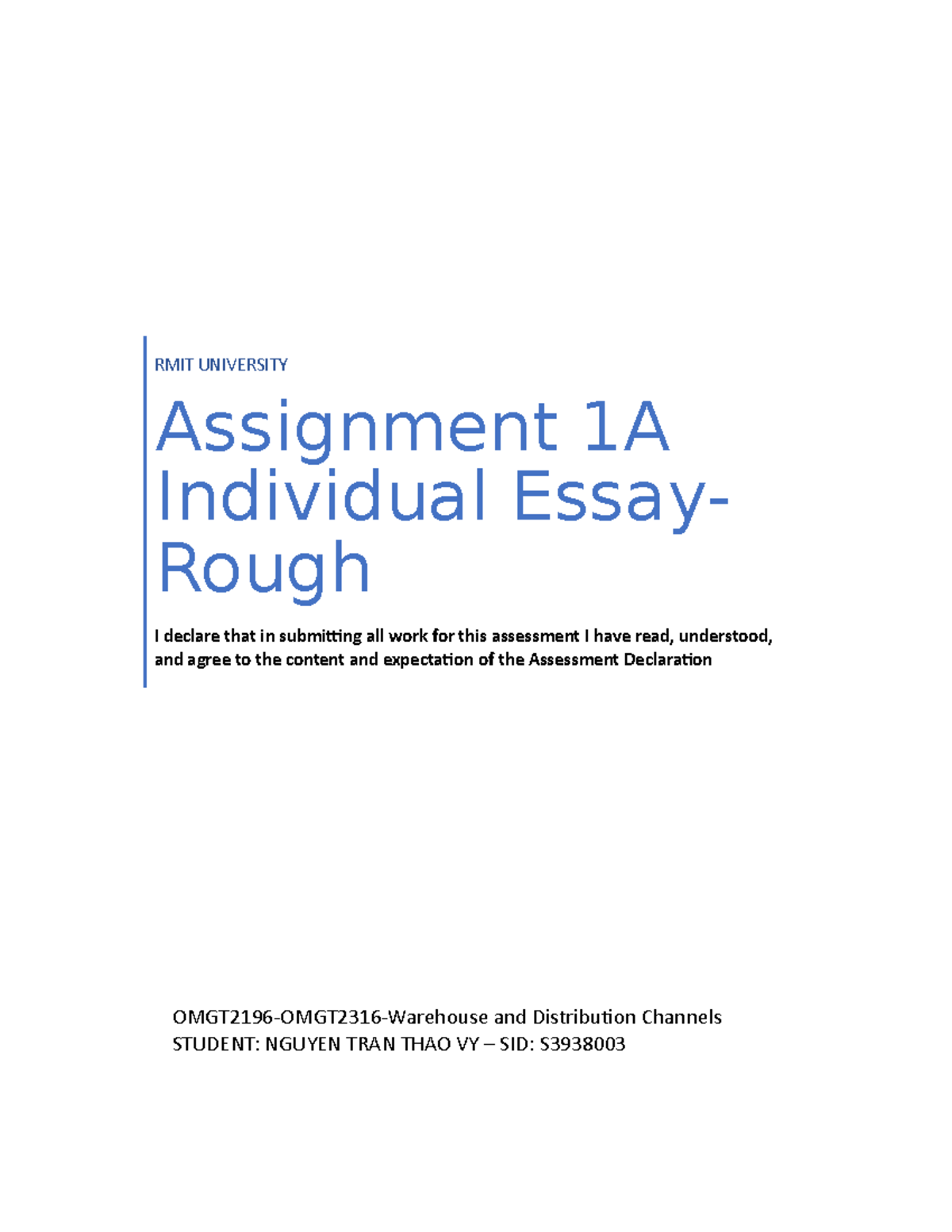 Rough Draft- OMGT2196 - RMIT UNIVERSITY Assignment 1A Individual Essay ...